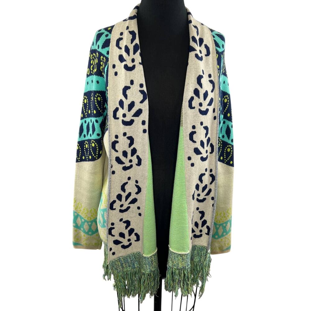 Gypsy 05 Global Village Green Cream Long Sleeve Open Fringe Cardigan Sweater S